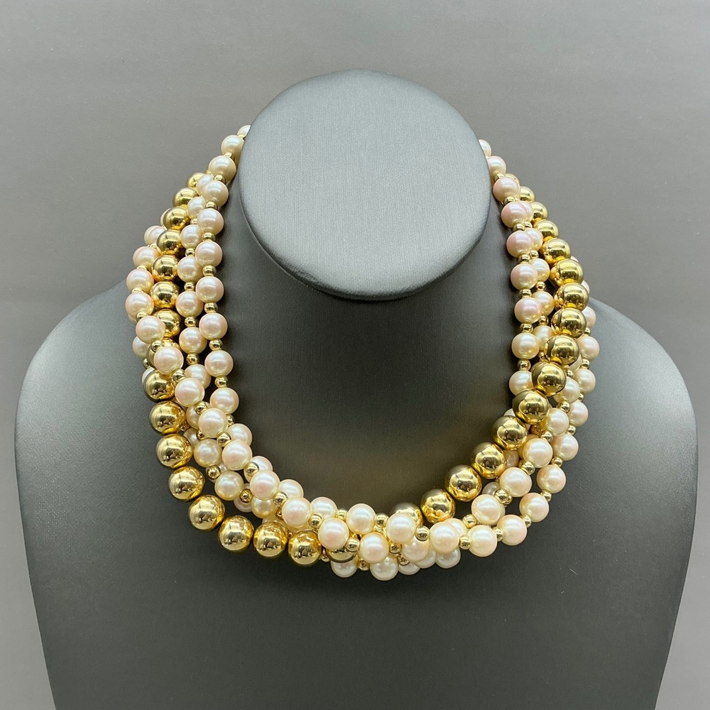 Carolee Necklace Vintage Faux Pearl Gold Tone Multi Strand Bow Clasp 16"